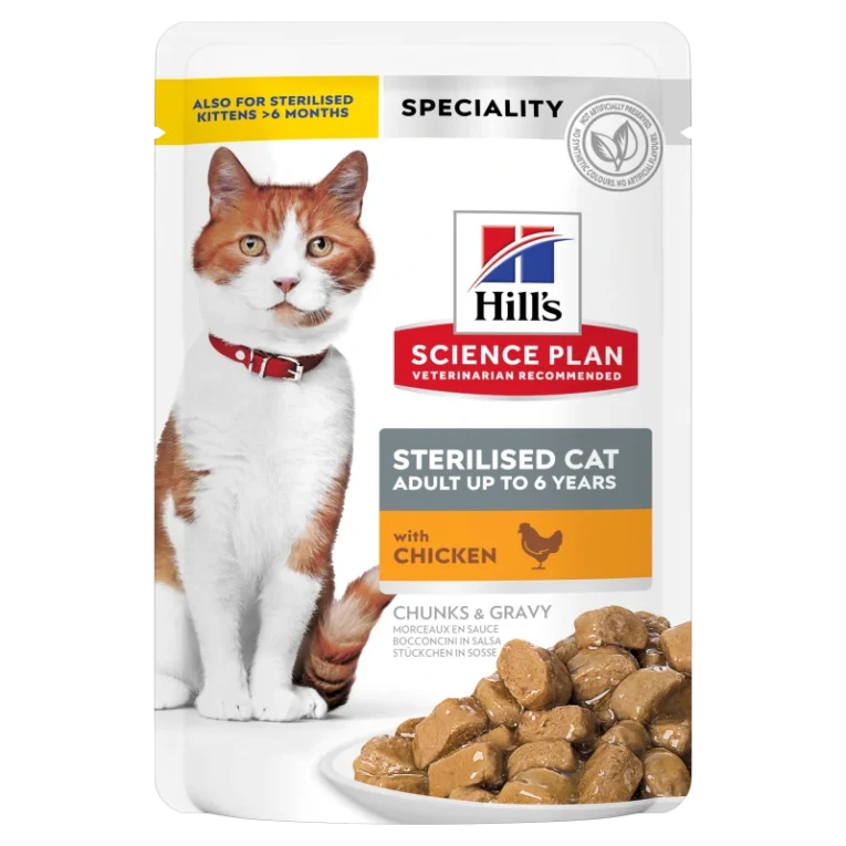 hills-science-plan-sachets-patee-pour-chat-adulte-sterilise-1-6-au-poulet-a-la-truite-a-la-dinde-au-saumon-85g
